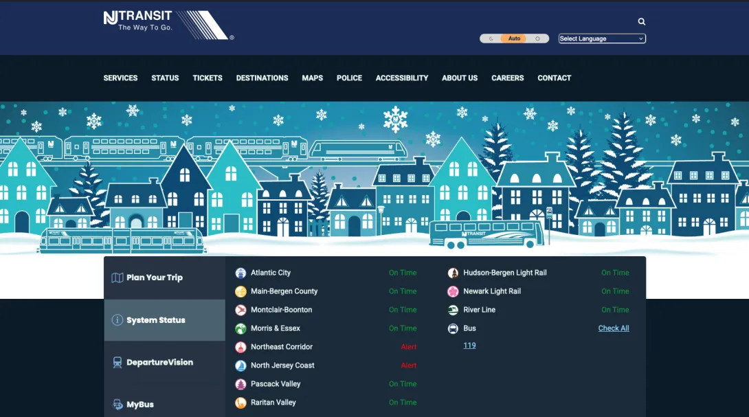 NJ Transit website screenshot.
