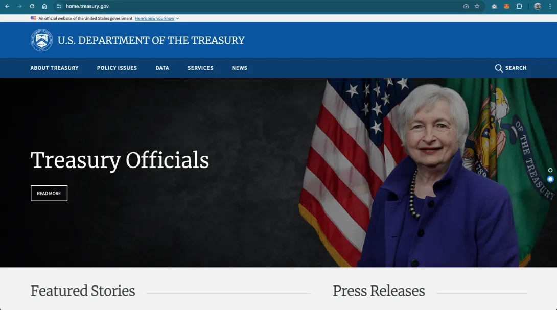 US treasury home page screenshot